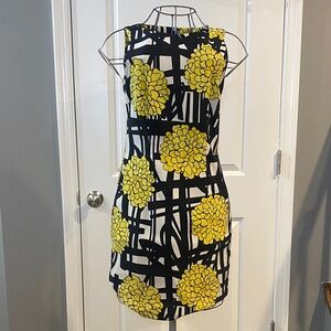 Dress Barn Black, White & Yellow Floral Grid Midi Dress
